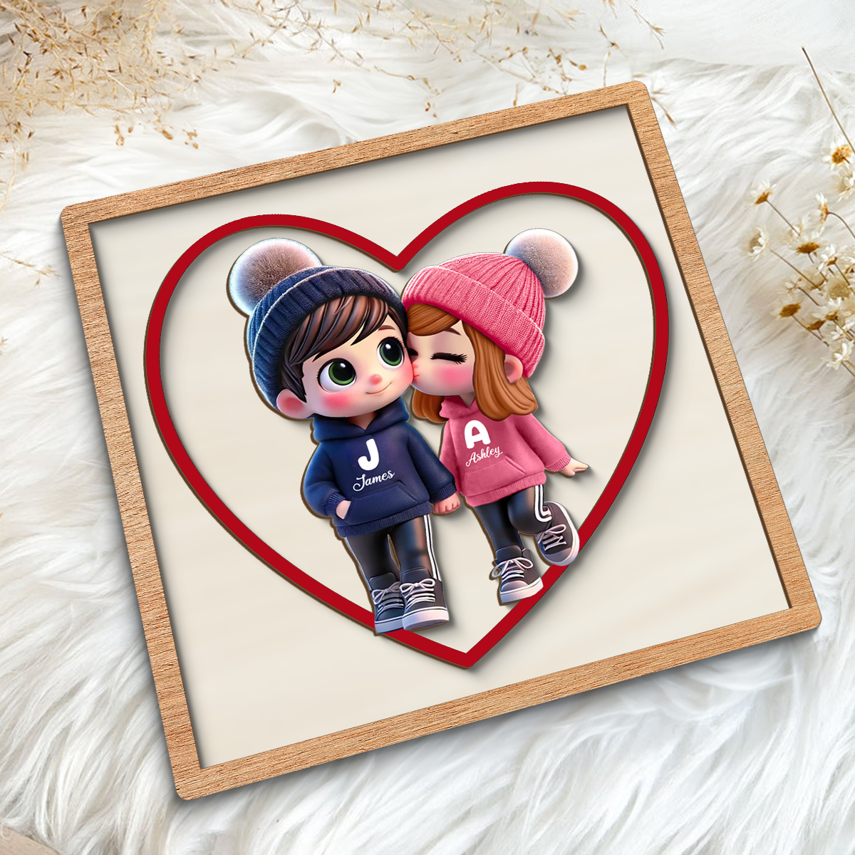 3D Effect Personalized Initials Heart Sign Personalized 2-Layered Wooden Plaque, Cute Cartoon Couple Walking, Tiered Tray Valentines Signs or Shelf Signs