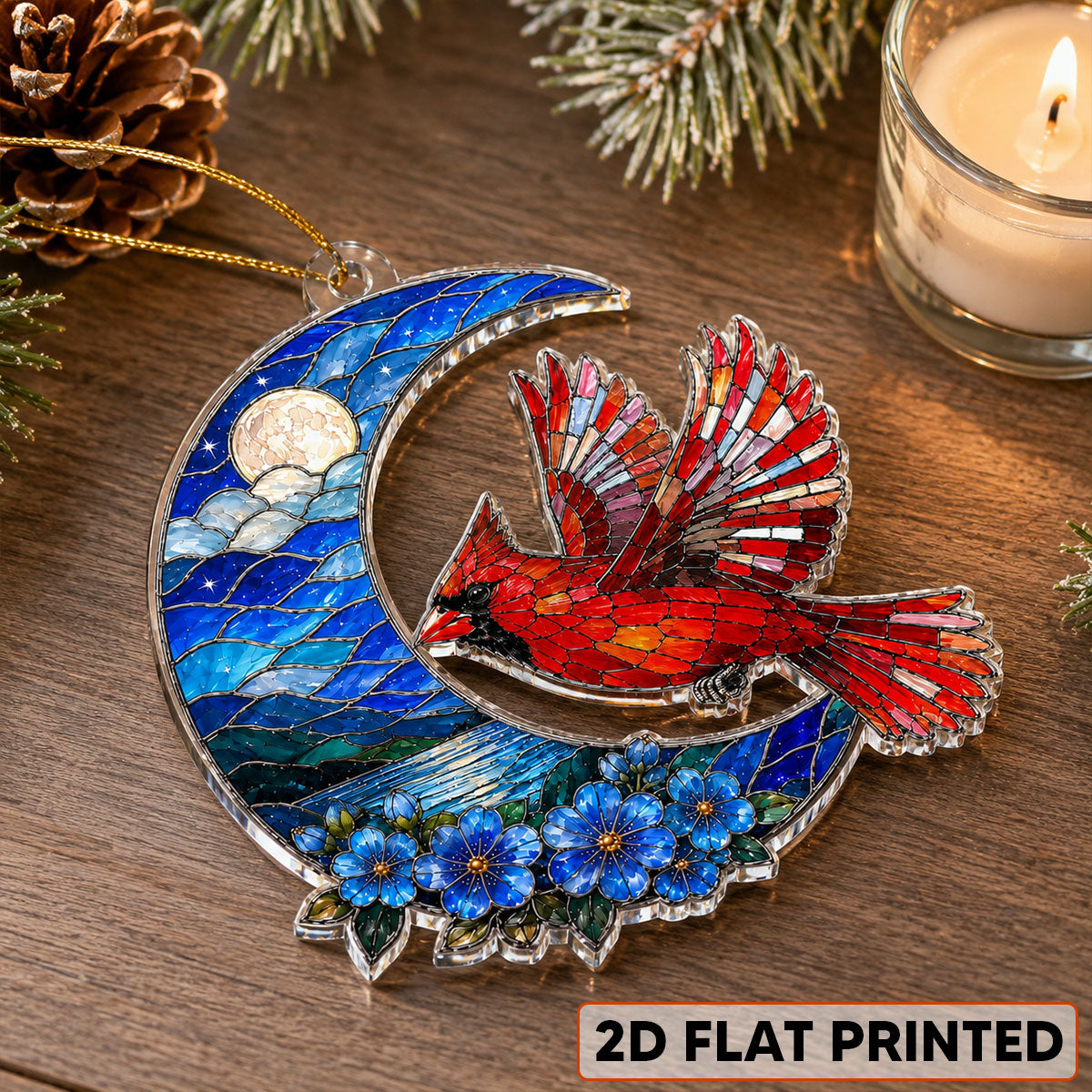 Cardinal Beneath the Blue Moon - Personalized Acrylic Ornament - Memorial Sympathy Gift