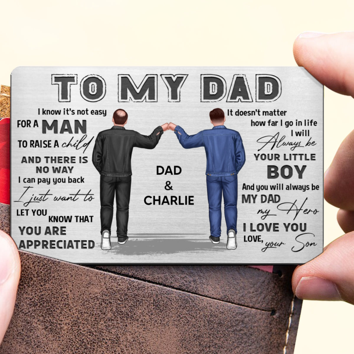 To My Dad Dad And Son Punch Hand Personalized Metal Wallet Card
