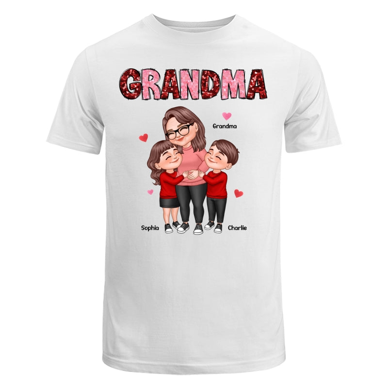 Grandma Grandkids Hugging Red & Pink Hearts Sequins Effect Personalized Shirt
