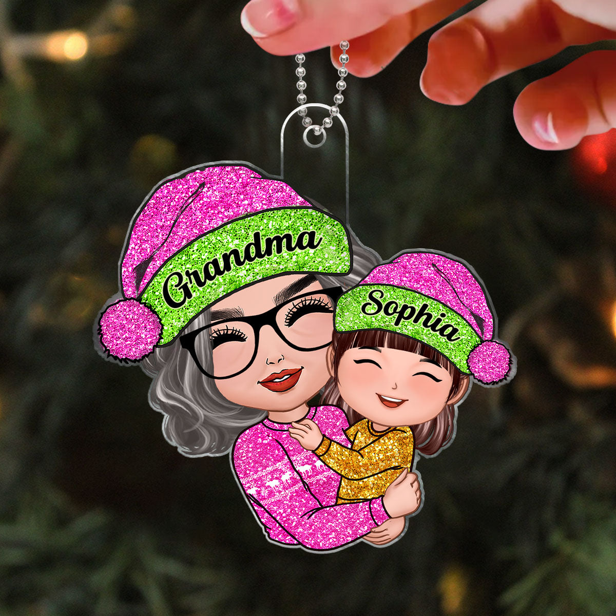 Grandma Hugging Grandkids Pink Sparkling Pattern Personalized Acrylic Ornament