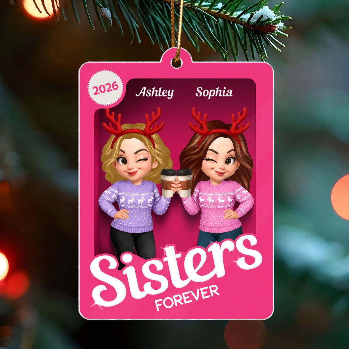 Christmas Besties Forever Pink 3D Effect Action Figure Personalized Acrylic Ornament
