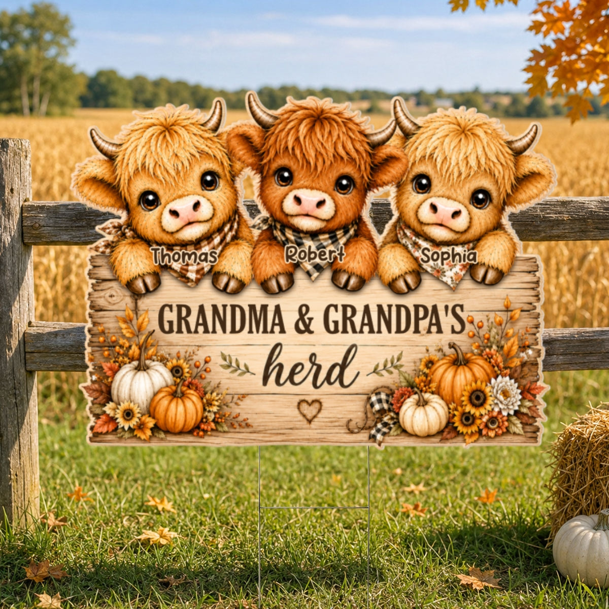 Cozy Warm Fall Season Grandpa Grandma's Herd Highland Cows - Personalized Yard Sign - Fall Decor For Grandparents