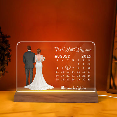 Back View Couple Wedding Anniversary Date Calendar Bride & Groom Rectangle Personalized Custom Shape Acrylic Plaque With LED Night Light - Anniversary Gift For Couple - Gift For Him - Gift For Her