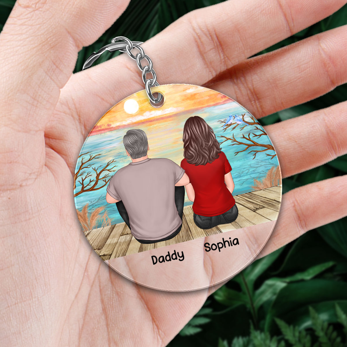 Dad And Kids Sitting Landscape Background Personalized Acrylic Keychain