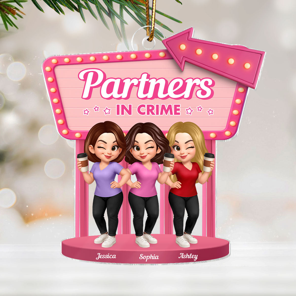 Besties Sisters 3D Effect Pink Sign Personalized Acrylic Ornament