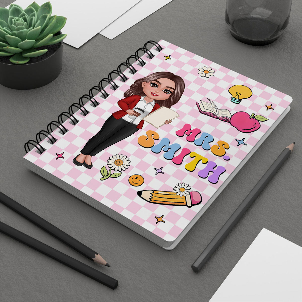 Groovy School Things Teacher Name Personalized Spiral Notebook Journal, Back To School Stationery