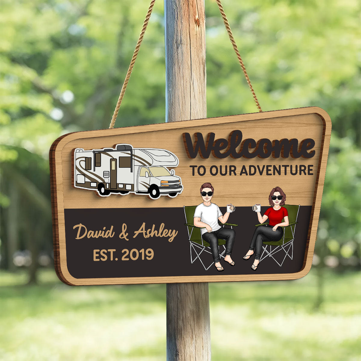 Welcome To Our Adventure Camping Life Personalized 2-Layer Wooden Door Sign, Outdoor Sign Home Decor