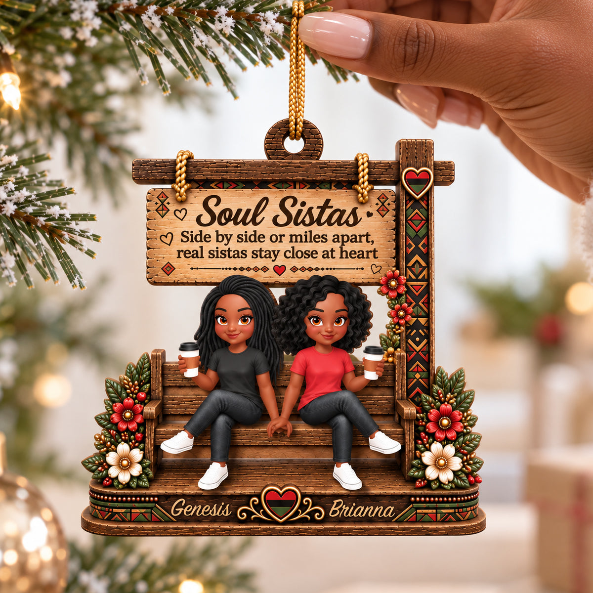 Soul Sistas Sitting Under Sign Post 2D Flat Printed - Personalized Wooden Ornament - Friendship Keepsake, Christmas Gift For Besties