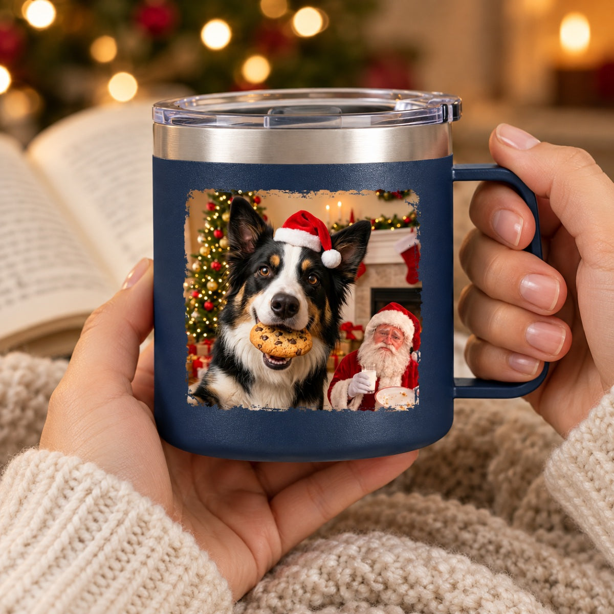 Dog Cat Steal Cookie From Santa Upload Pet Photo - Personalized Stainless Steel Tumbler With Handle - Funny Christmas Gift For Dog Lovers, Cat Lovers, Pet Lovers