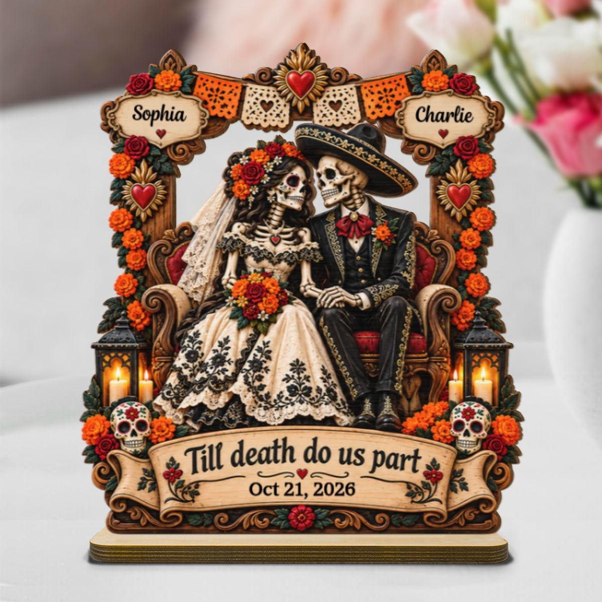 Skeleton Couple Till Death Do Us Part 2D Flat - Personalized 2-Layered Wooden Plaque - Skull Decor Wedding Gift for Couple, Gothic Home Decor, Dia de los Muertos, Day of the Dead Gift