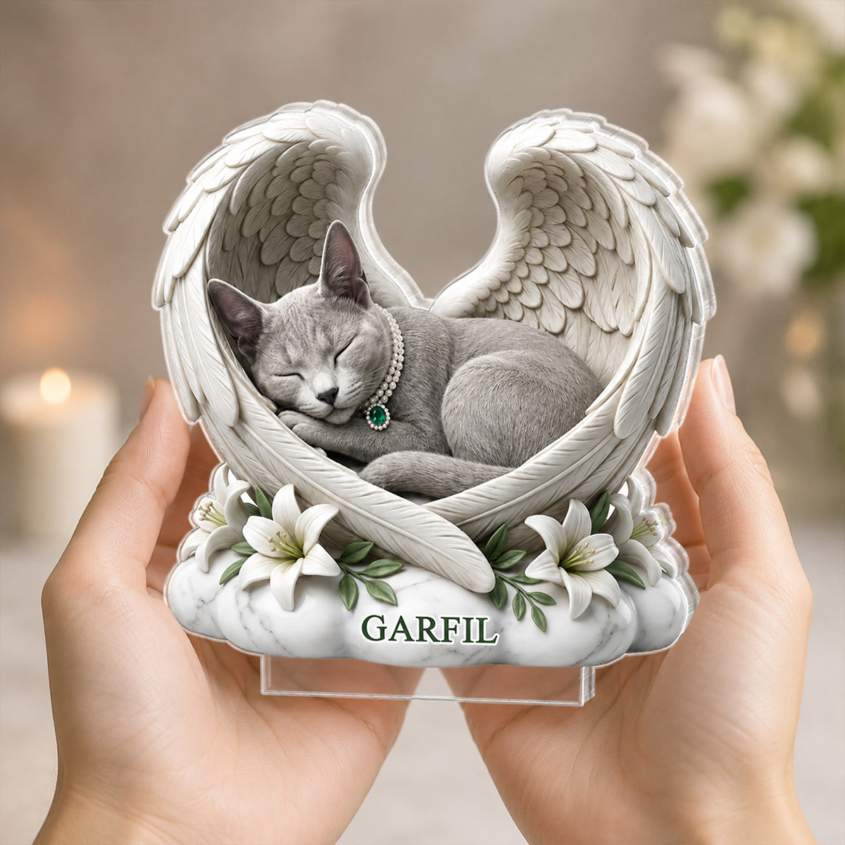 Custom Cat Angel Wings Statue - Personalized Acrylic Block Plaque - Heartfelt Pet Memorial Gift