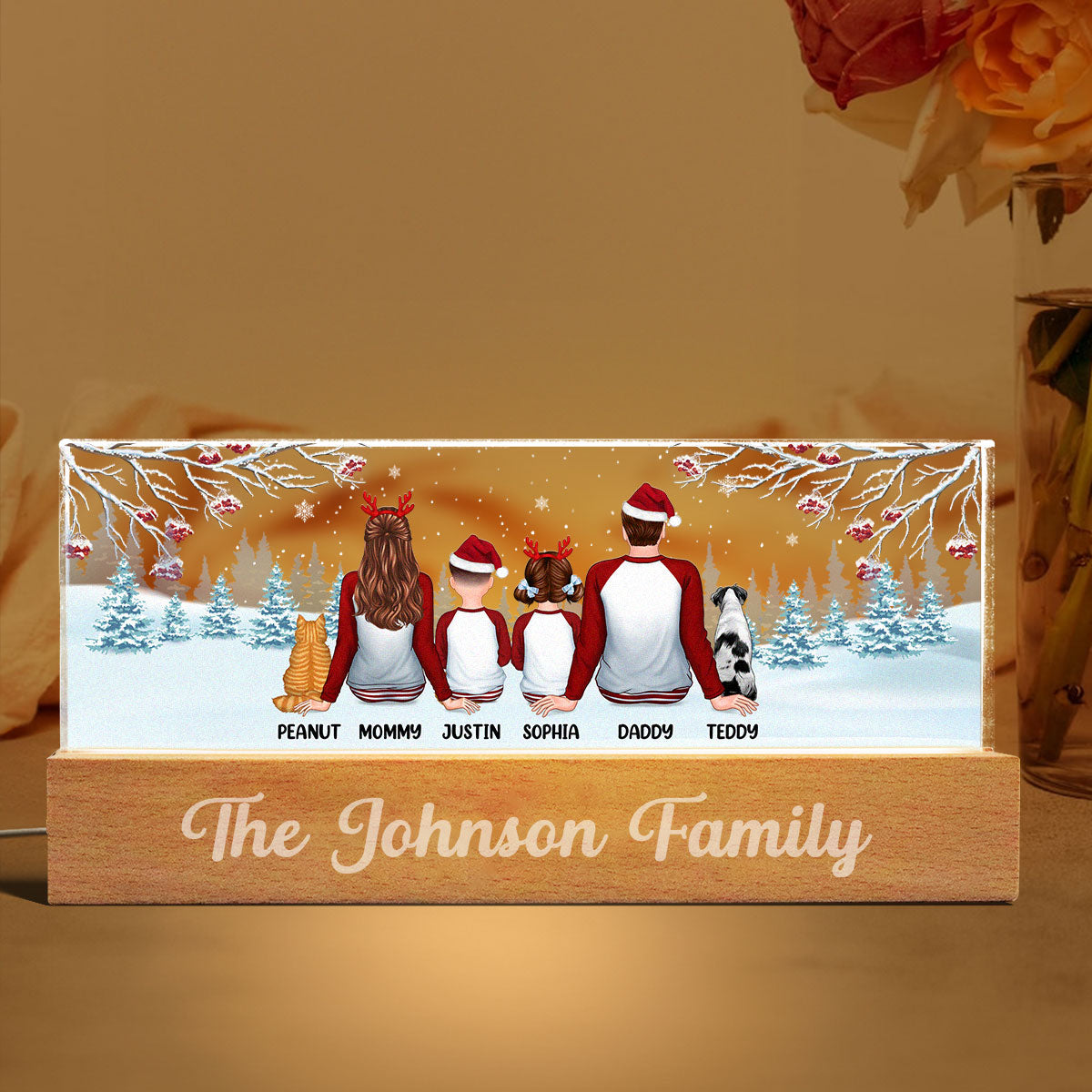 Family Back View Pajamas In Snow Personalized Acrylic Block LED Night Light