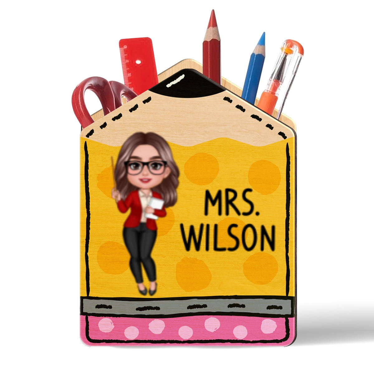 Doll Teacher Vertical Pencil Personalized Pen Pencil Holder, Back To School Gift
