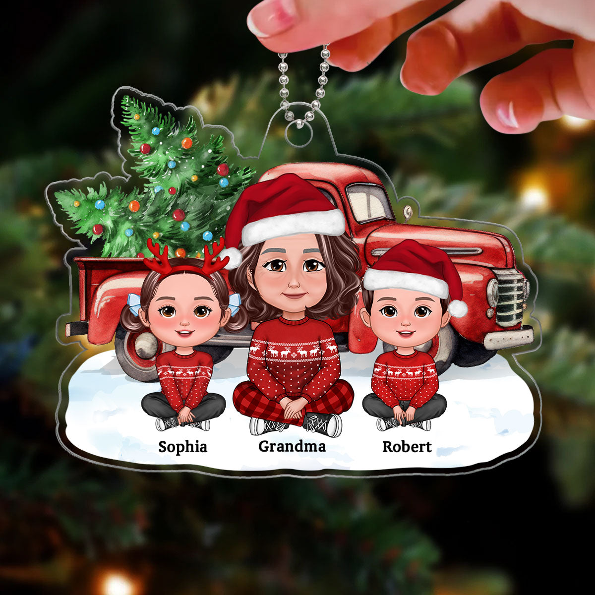 Grandma Grandkids Crossed Legs Sitting Front Christmas Car Personalized Acrylic Ornament