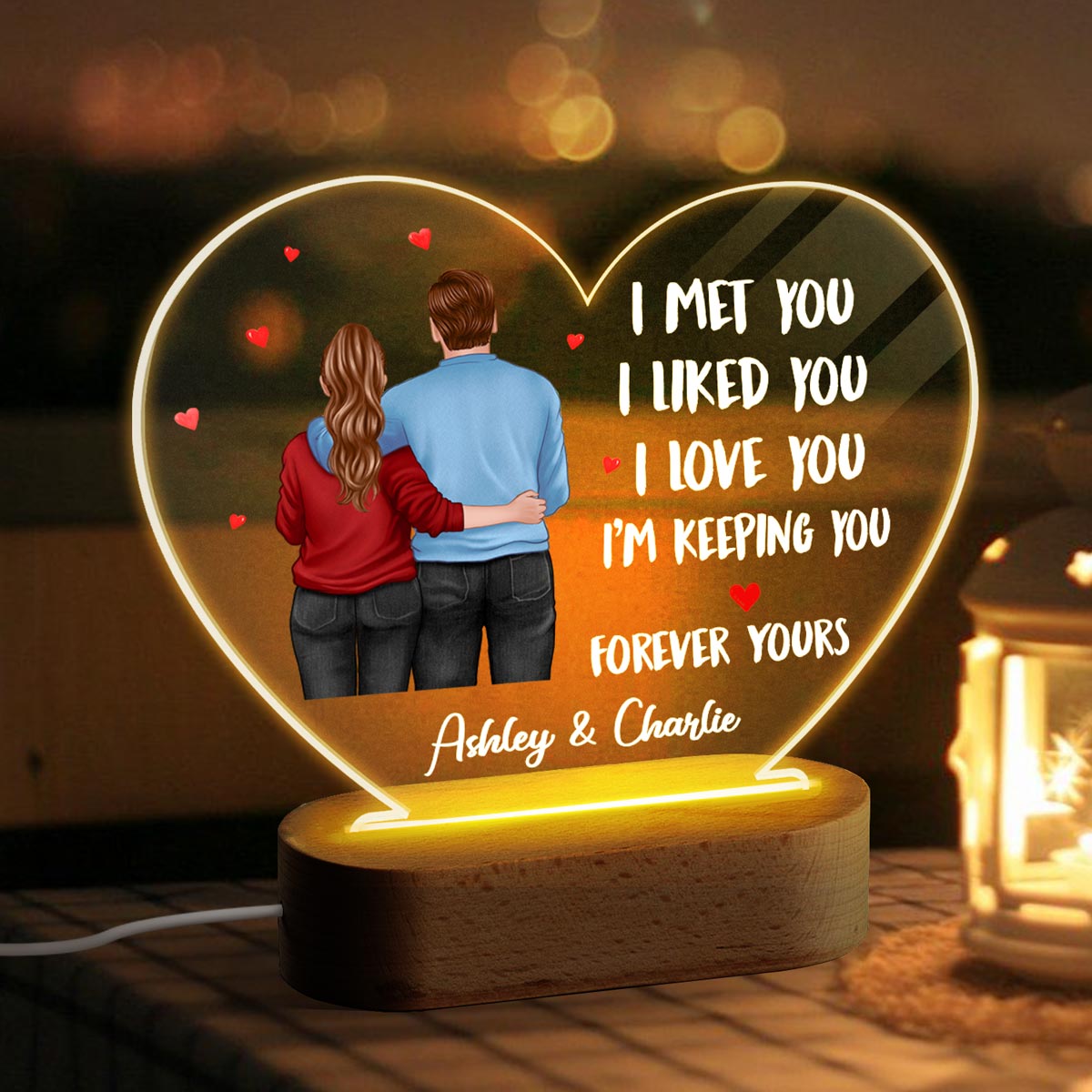 Back View Couple Standing I Met You Like You Love You Gift For Him For Her Personalized Acrylic Heart Plaque LED Lamp Night Light