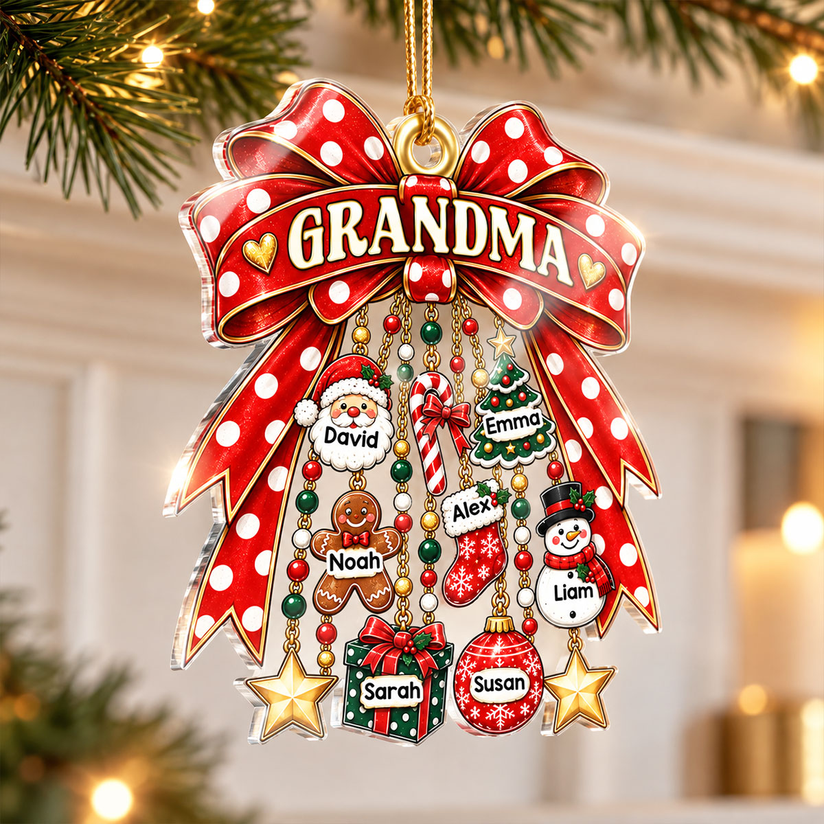 Grandma Retro Christmas Charm Bow - Personalized Acrylic Ornament - Thoughtful Christmas Gift for Grandma
