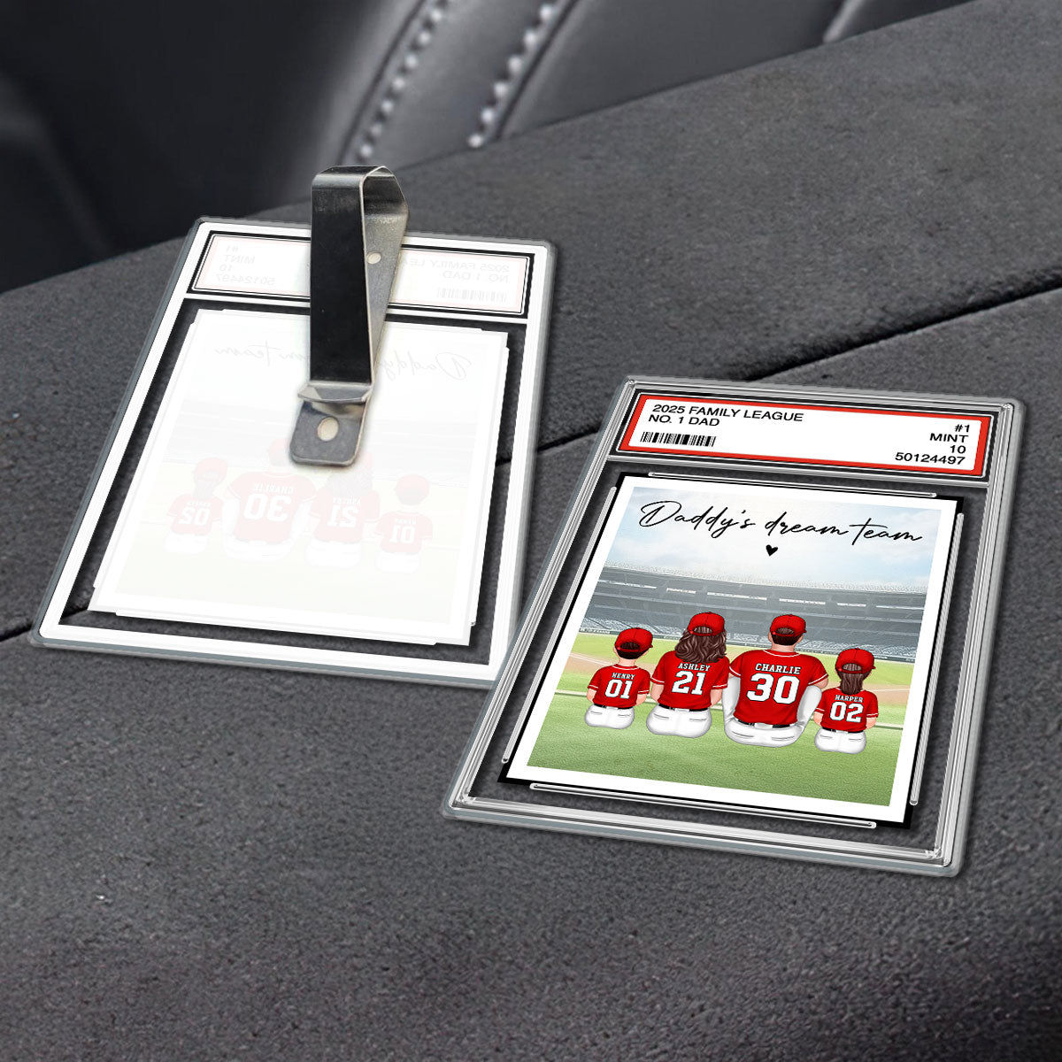 Baseball No. 1 Dad Man & Kids Sitting Trading Card Style Personalized Acrylic Car Visor Clip