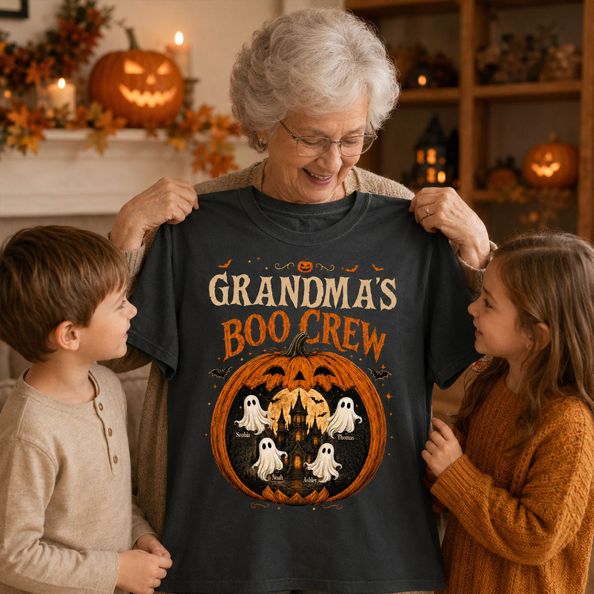 Trending Pumpkin Grandma's Boo Crew Halloween Haunted House - Personalized Shirt - Gift for Grandma