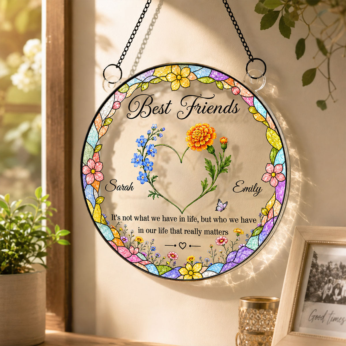 Best Friends Birth Month Flowers Heart Shaped - Personalized Acrylic Window Hanging - Friendship Gift for Besties