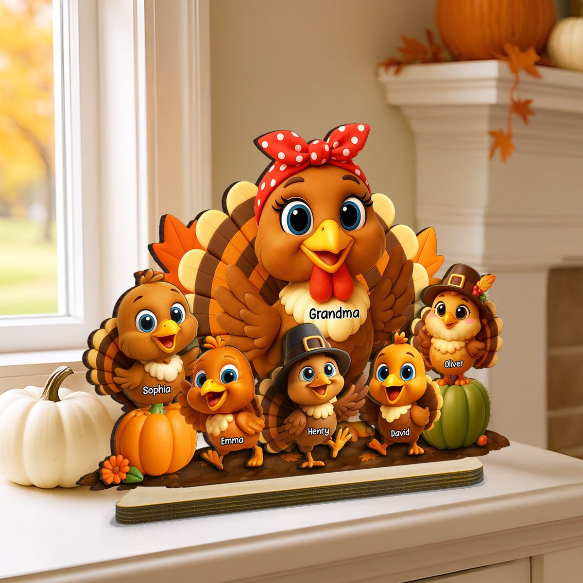Fall Decor 3D Effect Turkeys Thanksgiving Personalized Wooden Plaque