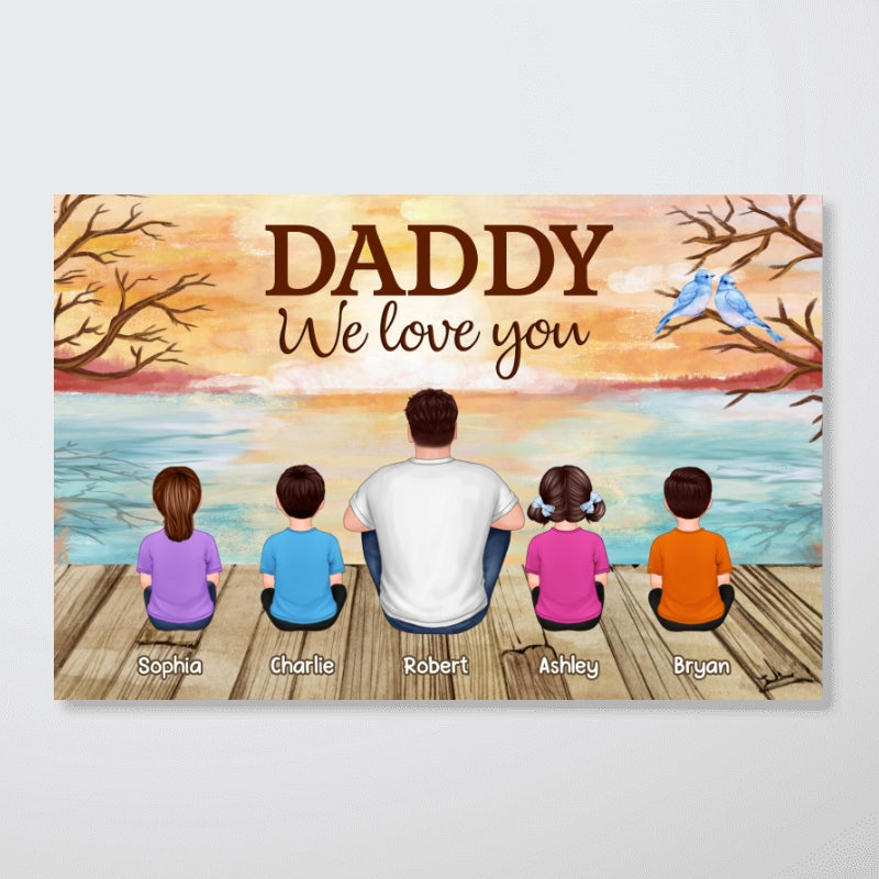 Lake View Dad Grandpa We Love You Back View Dad And Kids Dogs Cats Sitting Personalized Horizontal Poster