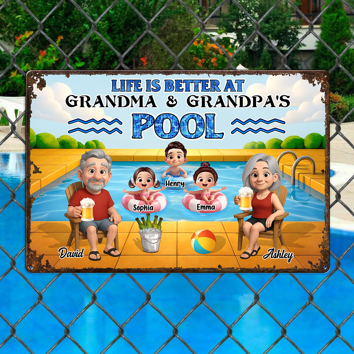 Life is Better at Grandma & Grandpa Pool Personalized Metal Sign, Grandchildren Welcome Sign, Grandparents Hosting Grandkids Summer Sign