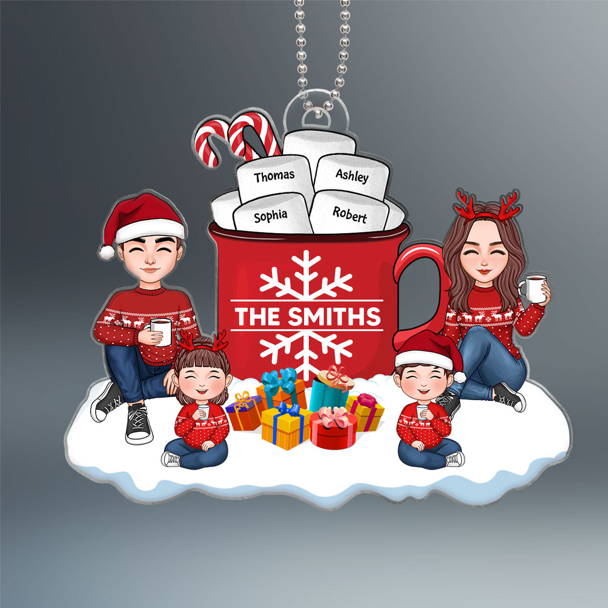Cute Family Dad Mom Kids Dogs Cats Sitting By Christmas Hot Cocoa Personalized Acrylic Ornament