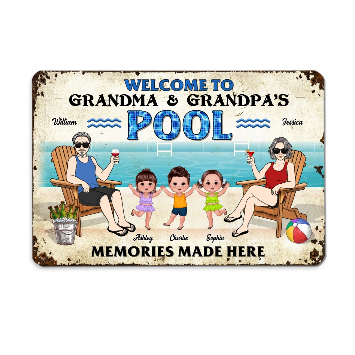 Welcome To Grandparents Pool Happy Doll Kids Summer Personalized Metal Sign