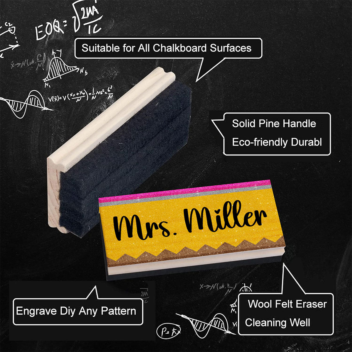 Teacher Pencil Glitter Pattern Personalized Teacher Whiteboard/Chalkboard Eraser with Marker, Teacher Appreciation Gifts, Back-to-School Teacher Gift Set