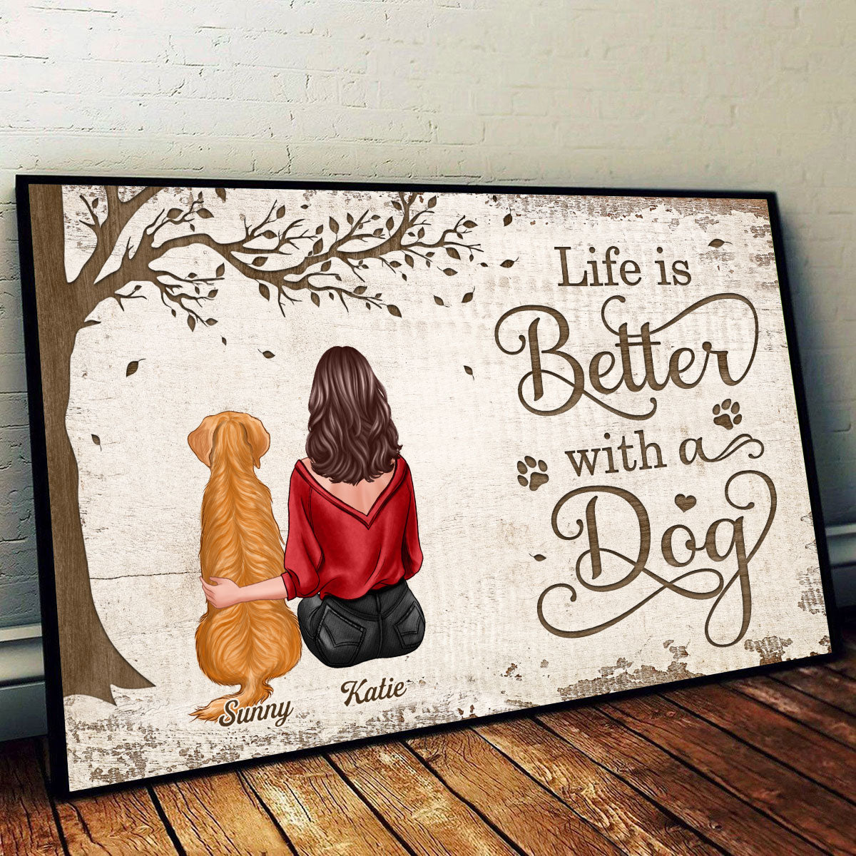 Back View Woman Man And Dogs Sitting Under Tree Personalized Horizontal Poster