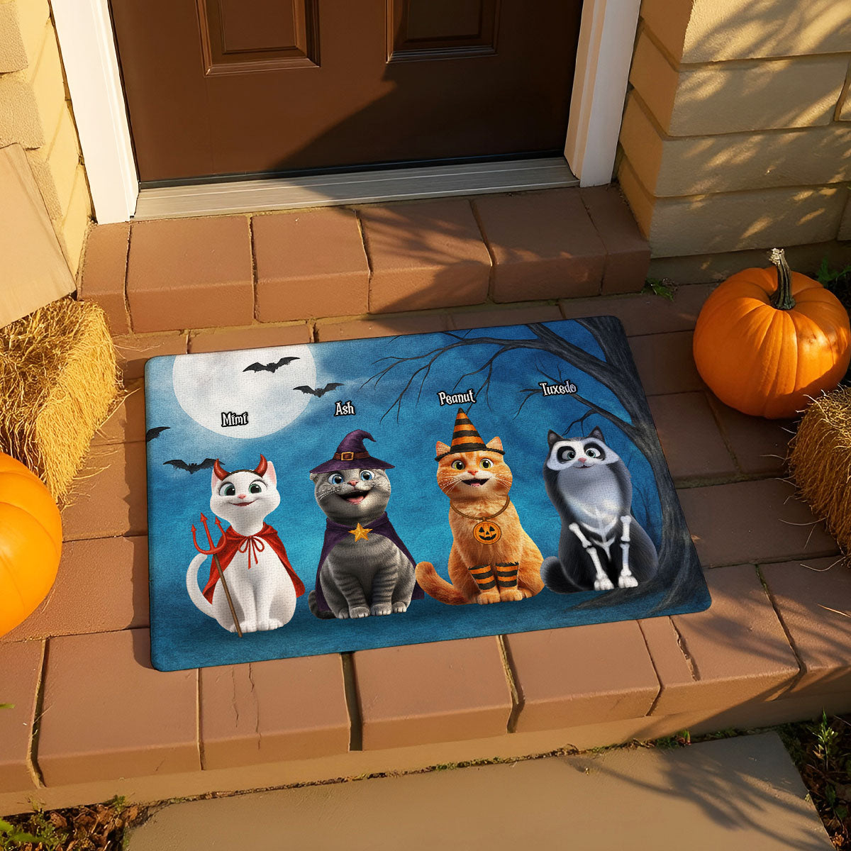 Halloween Cute Cats Sitting in the Moon Light Personalized Doormat, Halloween Decor for Cat Lovers