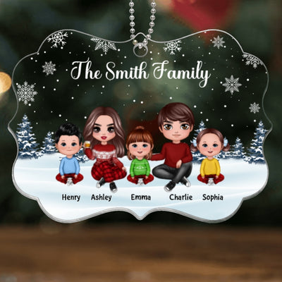 Doll Family Sitting In Snow Personalized Acrylic Ornament