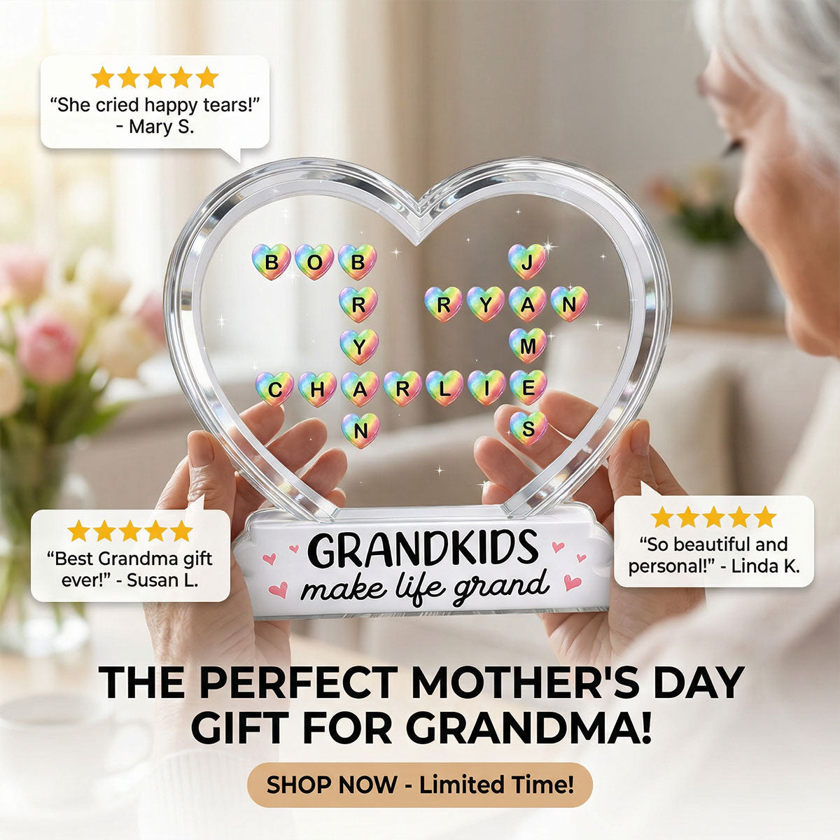 Grandkids Make Life Grand Crossword Puzzle Art Colorful Hearts 2D Flat - Personalized Acrylic Block Plaque - Gift For Grandma