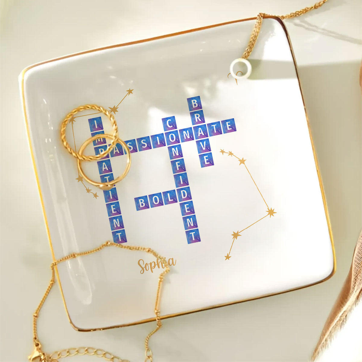 Zodiac Sign Crossword Astrological Personalized Jewelry Dish, Gifts For Friends, Daughter Birthday Gifts
