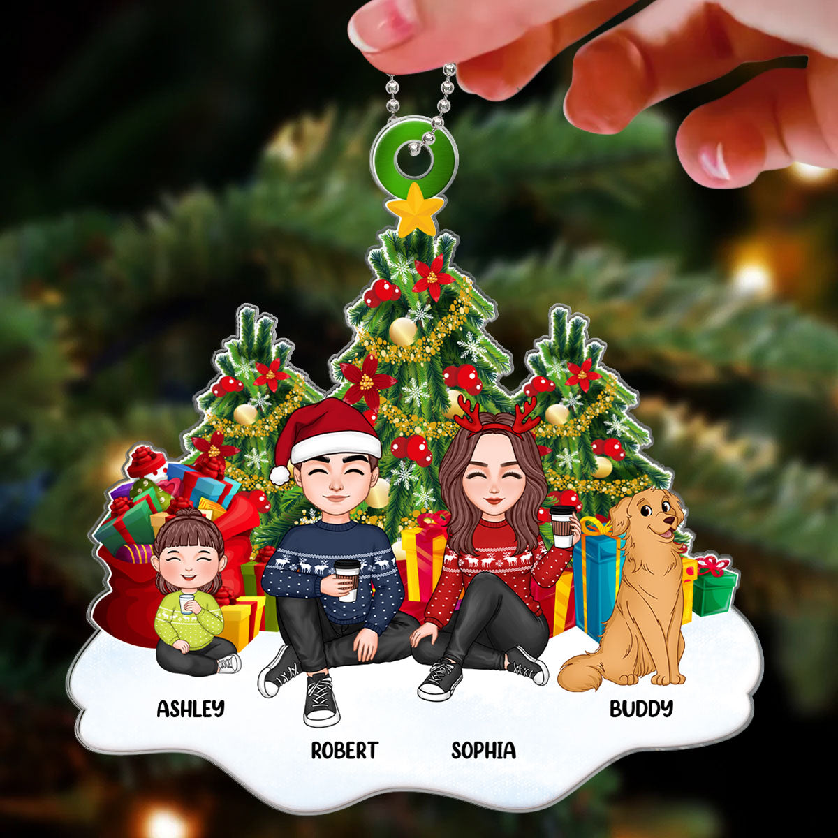 Cute Family Dad Mom Kids Dogs Cats Sitting At Christmas Tree Personalized Acrylic Ornament