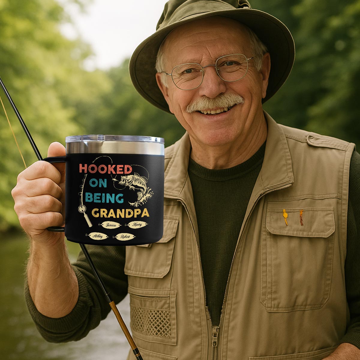 Hooked On Being Grandpa Fishing Personalized Stainless Steel Tumbler With Handle