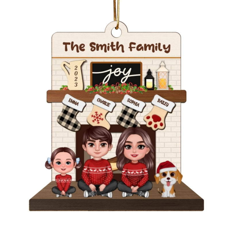 Couple Sitting With Dogs Cats Fireplace Personalized Wooden Ornament