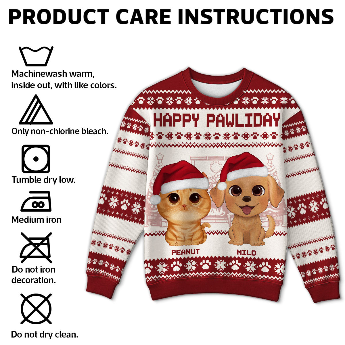 Happy Pawliday Watercolor Cute Dogs Cats Christmas Personalized Faux Knitting Ugly Sweater, Gift For Dog Cat Pet Lovers