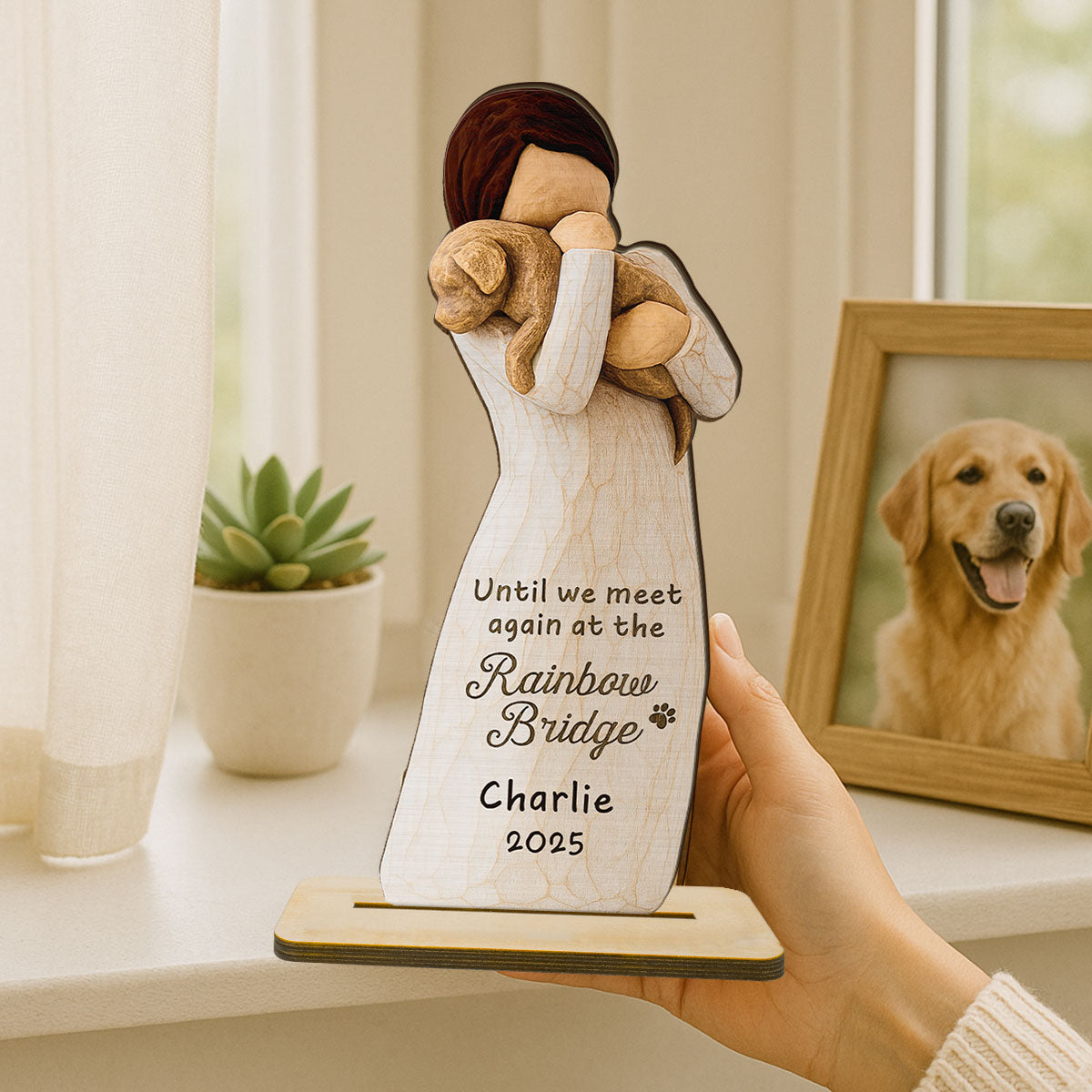 Until We Meet At Rainbow Bridge Woman & Dog 3D Effect Personalized Standing Wooden Plaque, Memorial Sympathy Gift