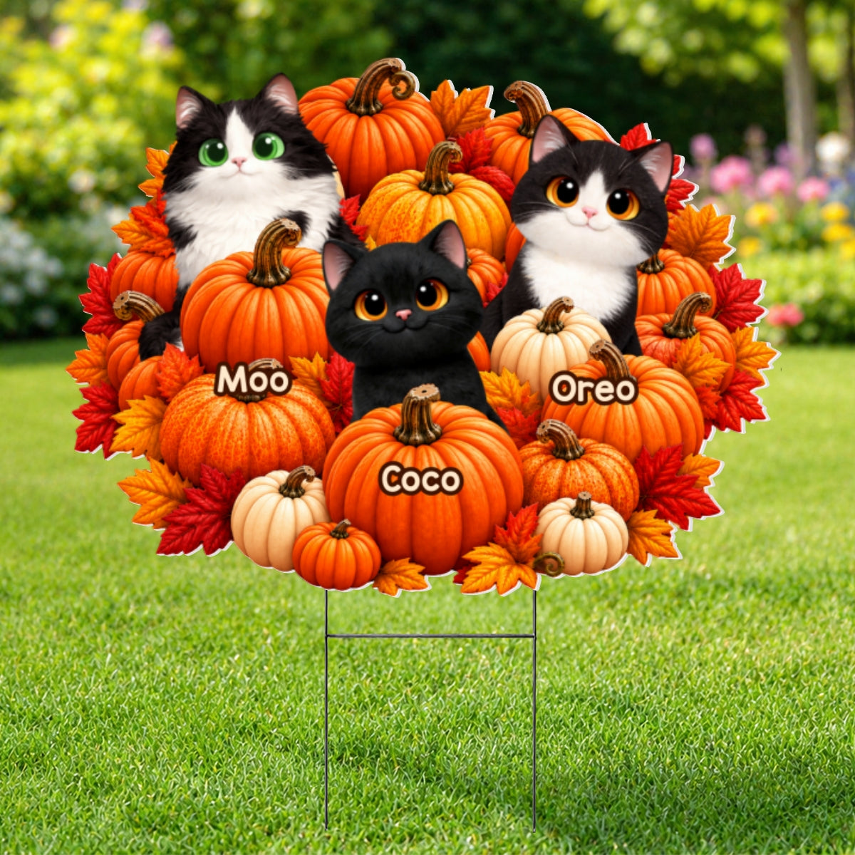 Fall Season Cute Cats Play In Pumpkin Patch - Personalized Yard Sign - Fall Decor For Cat Lovers