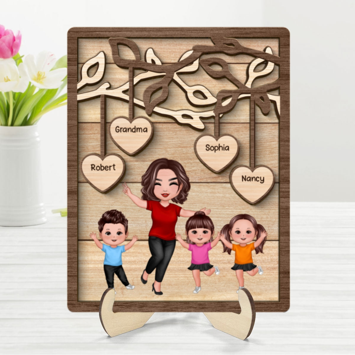 Happy Grandma Grandkids Under Tree Personalized 2-layer Wooden Plaque