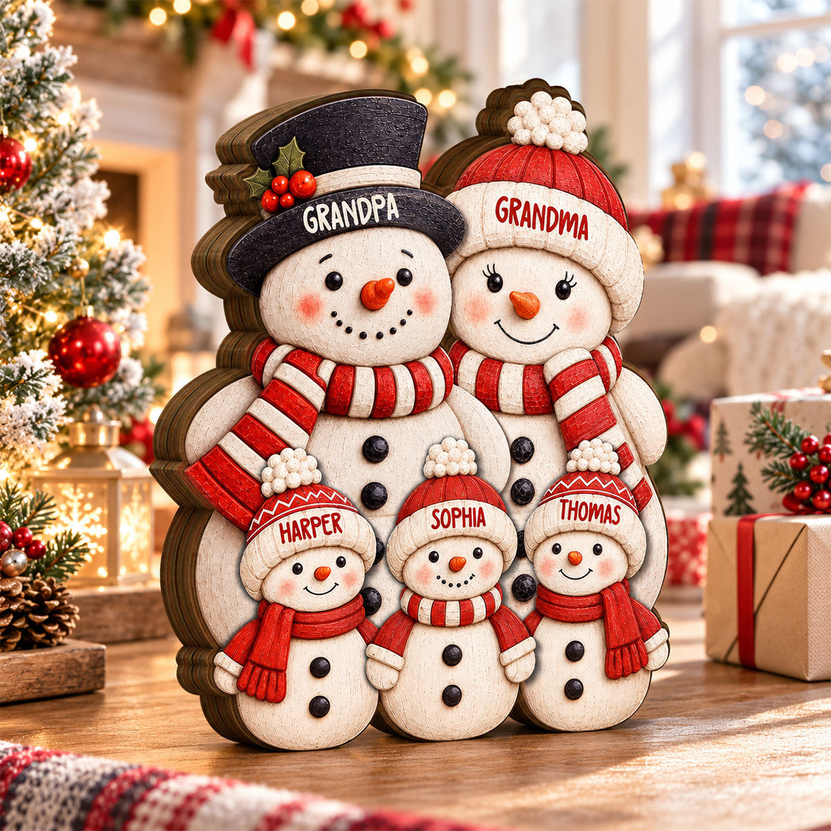 Heartwarming Grandma Grandpa Grandkids Snowman - Personalized Wooden Block Plaque - Christmas Keepsake, Christmas Gift For Family