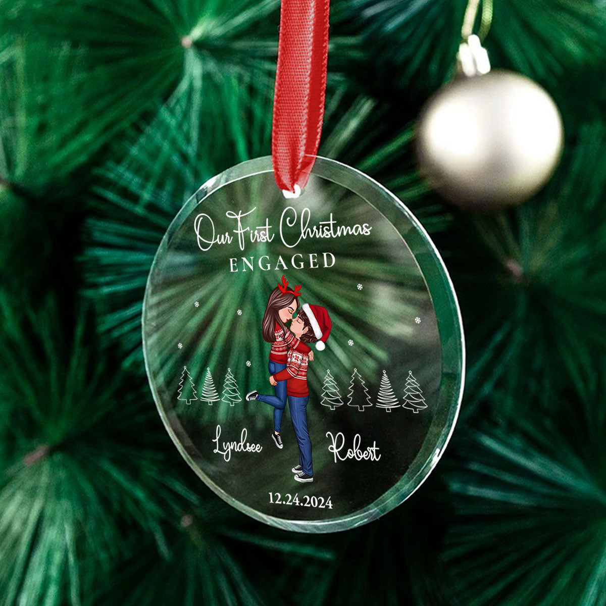 Our First Christmas Engaged Married, Newly Engaged Married Couple Personalized Glass Ornament