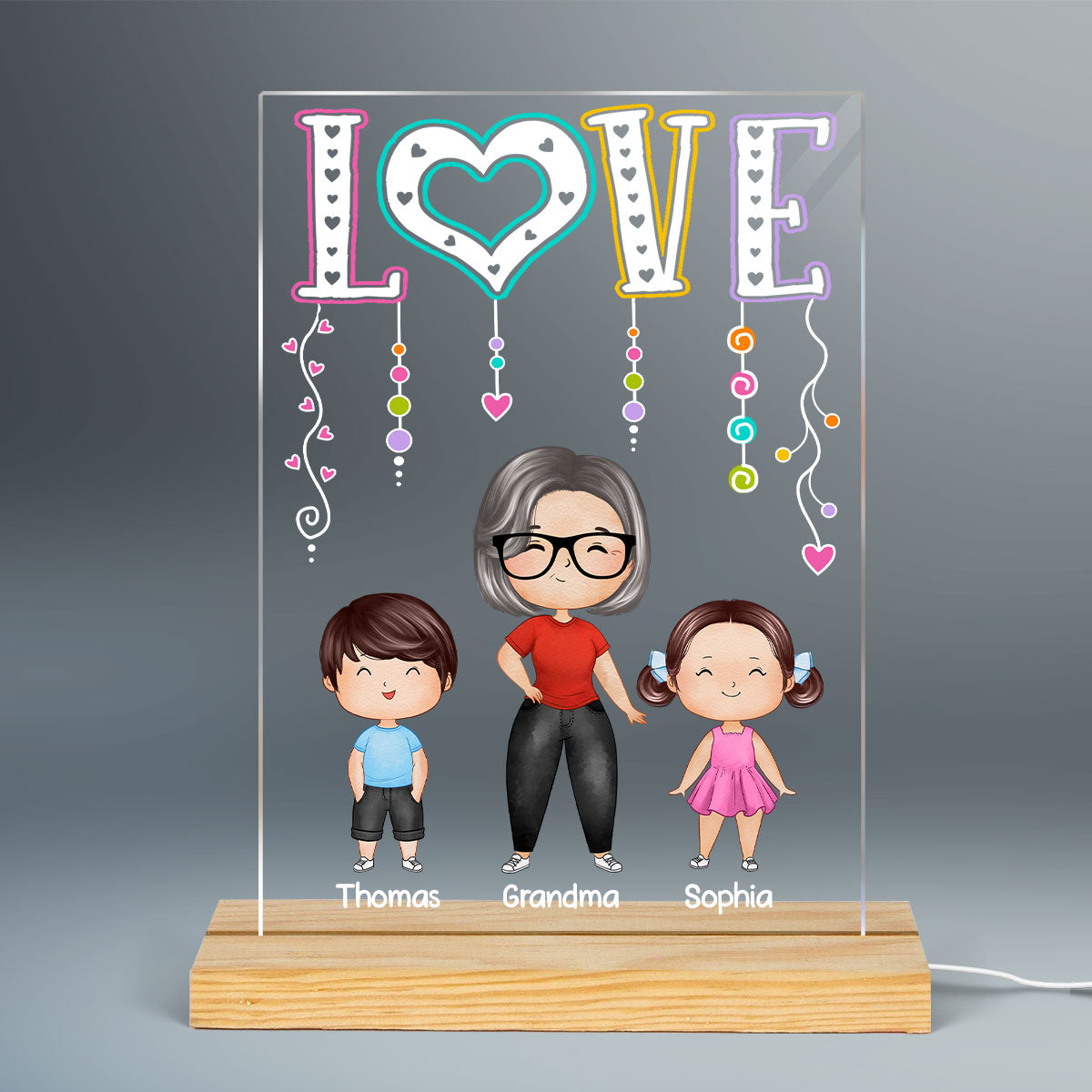 LOVE Doll Grandma Mom With Kids Standing Watercolor Style Personalized Rectangle Acrylic Plaque LED Night Light