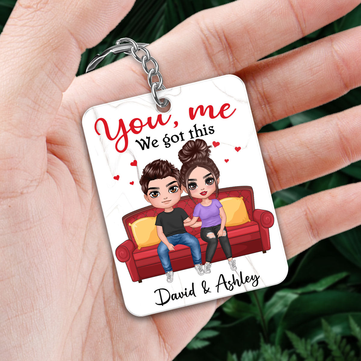 Doll Couple Sitting On Sofa Favorite Song Scannable QR Code Personalized Acrylic Keychain