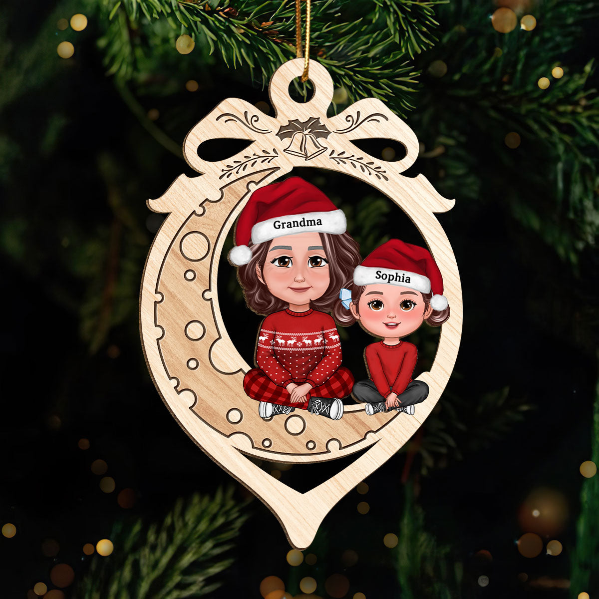 Grandma Grandkid Crossed Legs On Moon In Ornament Shaped Personalized Wooden Ornament