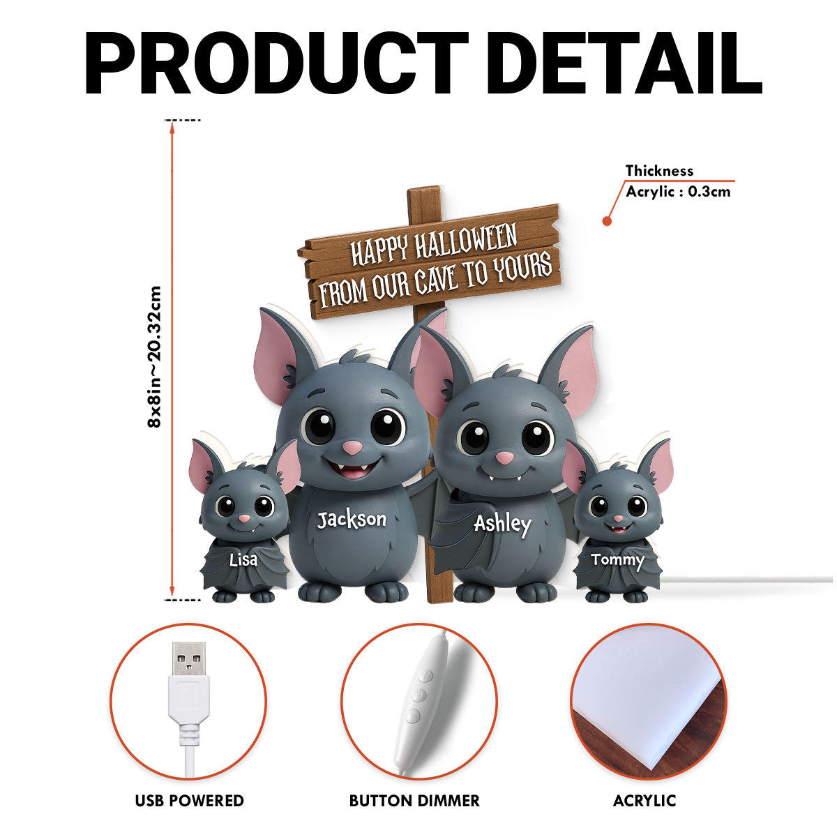 Bat Halloween Family Standing 3D Effect Personalized Light Box
