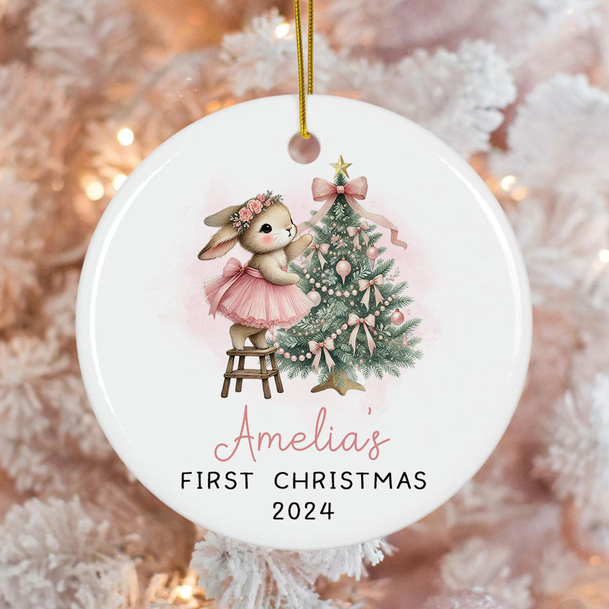 Baby's First Christmas Rabbit Personalized Circle Ceramic Ornament, Baby Girl Name Baby Shower Gift Keepsake