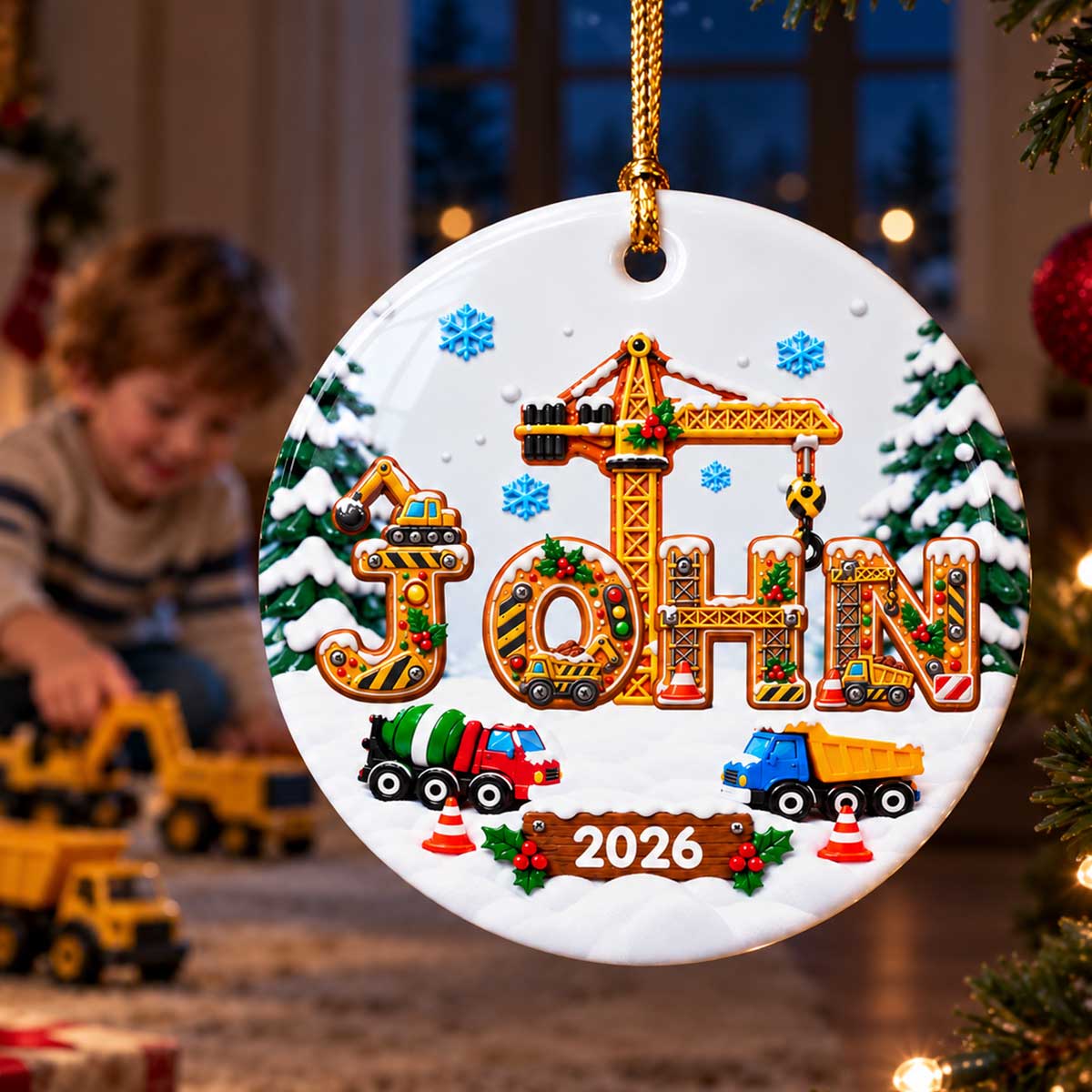 Kids Name Truck Christmas - Personalized Ceramic Ornament - Construction Vehicle Design, Gift For Boy Girl Grandkids